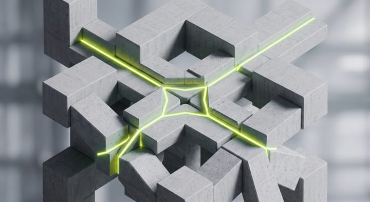 Estructura de bloques de hormigón entrelazados con trazos de luz lima que convergen en un nudo central.